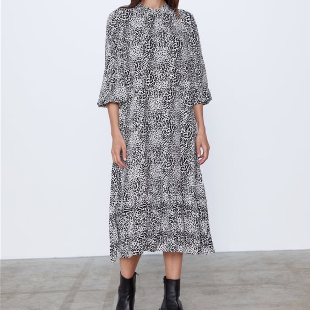 Zara black & white cheetah print midi dress NWT